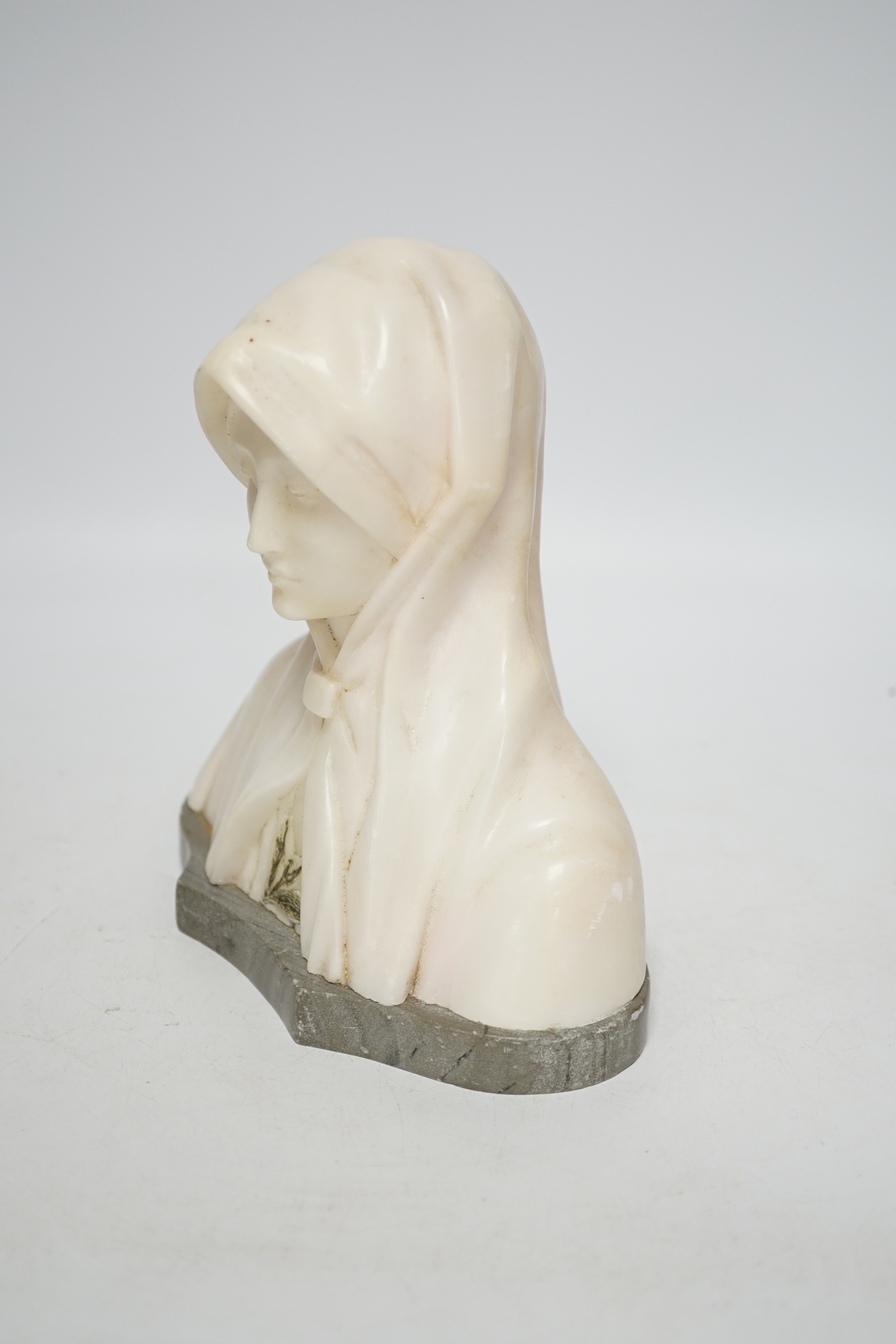 An early 20th century French small marble bust of a lady, signed C. Sabini?, 18cm